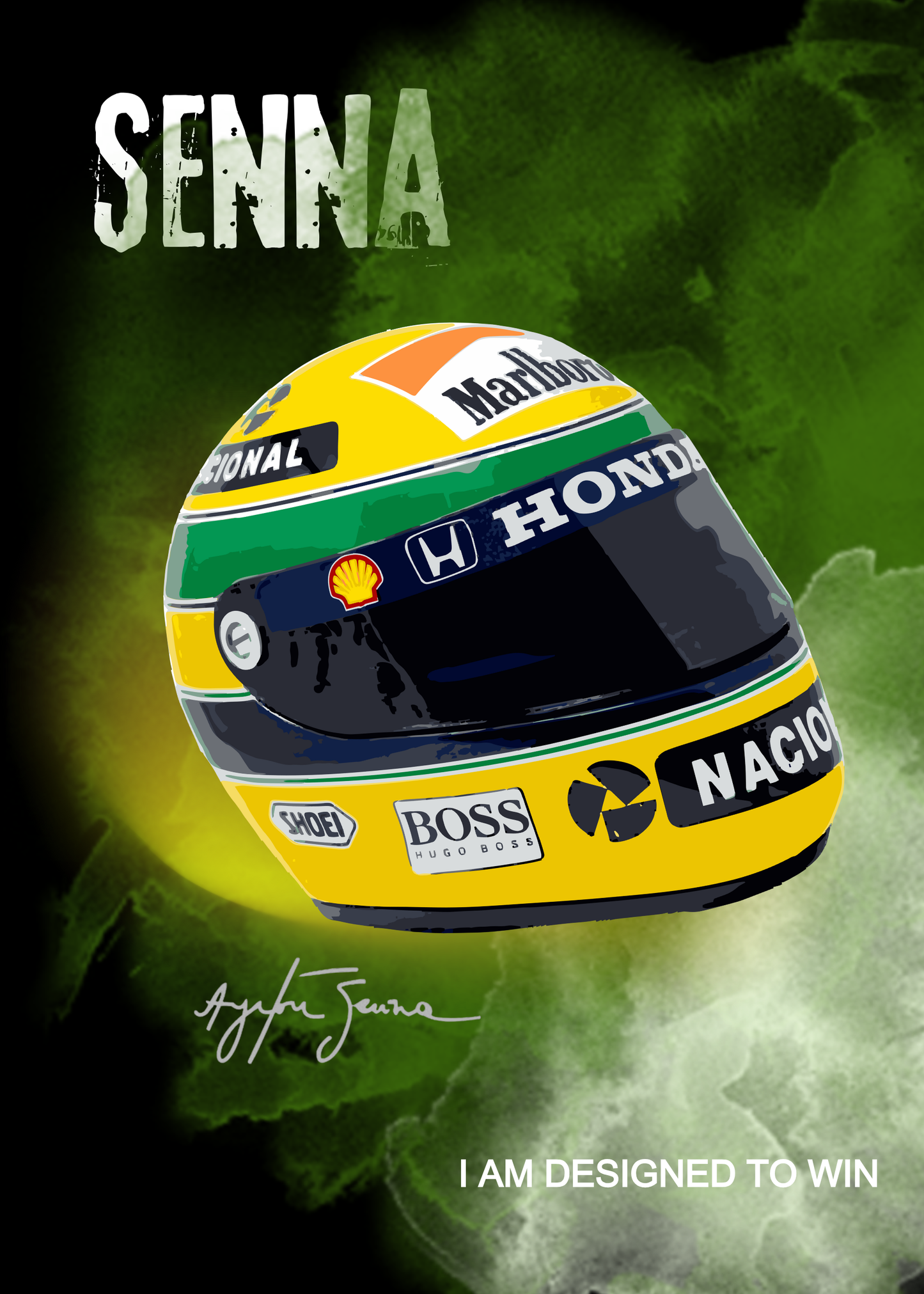Ayrton Senna Tribute Poster – "I Am Designed To Win" Helmet Wall Art